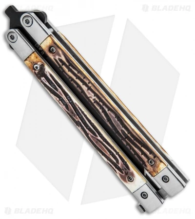 Bear Butterfly Knife W/ Genuine Stag Handle (4" Black Plain ) 517 3 Bear Butterfly Knife W/ Genuine Stag Handle (4" Black Plain ) 517 - Image 3