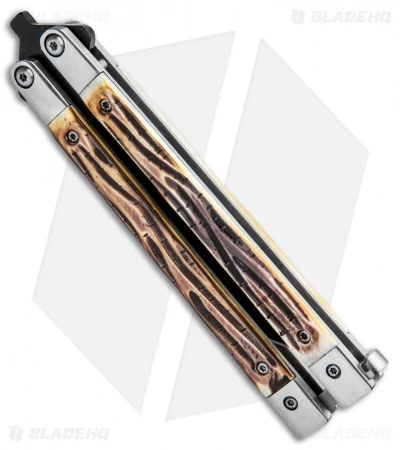 Bear Butterfly Knife W/ Genuine Stag Handle (4" Black Plain ) 517 2 Bear Butterfly Knife W/ Genuine Stag Handle (4" Black Plain ) 517 - Image 2