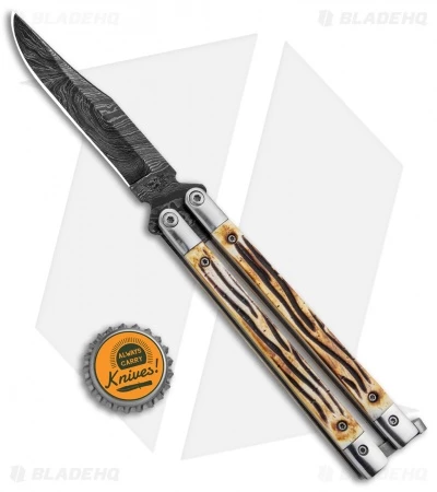 Bear Butterfly Knife W Stag Handle Damascus Blade (4" Plain) 517D 4 Bear Butterfly Knife W Stag Handle Damascus Blade (4" Plain) 517D - Image 4