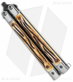 Bear Butterfly Knife W Stag Handle Damascus Blade (4" Plain) 517D 6 Bear Butterfly Knife W Stag Handle Damascus Blade (4" Plain) 517D -Kershaw Sales Shop Bear Butterfly Knife Stag Handle Damascus Plain 517D BHQ 0891 jr side