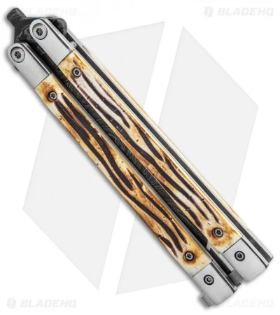 Bear Butterfly Knife W Stag Handle Damascus Blade (4" Plain) 517D 2 Bear Butterfly Knife W Stag Handle Damascus Blade (4" Plain) 517D - Image 2