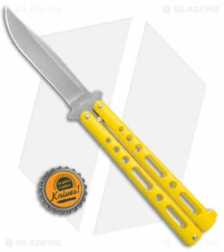 Benchmark Butterfly Knife Yellow Epoxy Steel (4" Stonewash) -Kershaw Sales Shop Benchmark Butterfly Yellow SW BHQ 137769 jr bottlecap