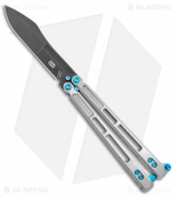 EOS Trident Balisong Butterfly Knife Satin Titanium W/ Blue (4.5" Black S30V)