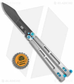 EOS Trident Balisong Butterfly Knife Satin Titanium W/ Blue (4.5" Black S30V) -Kershaw Sales Shop EOS Trident Satin Blue black BHQ 135853 jr bottlecap