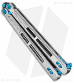 EOS Trident Balisong Butterfly Knife Satin Titanium W/ Blue (4.5" Black S30V) -Kershaw Sales Shop EOS Trident Satin Blue black BHQ 135853 jr side