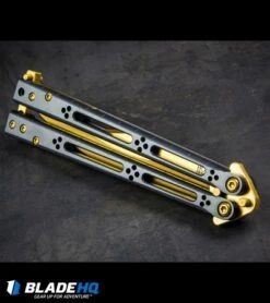 Hom Design Basilisk Elite Balisong Butterfly Knife PVD Ti (4.6" Gold) -Kershaw Sales Shop HOM Basilisk Balisong kp 1 close up