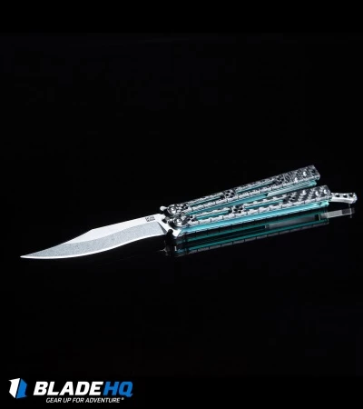 Hom Design Basilisk-R Balisong Butterfly Knife CF W/Teal Liners (4.6" Stonewash) 6 Hom Design Basilisk-R Balisong Butterfly Knife CF W/Teal Liners (4.6" Stonewash) - Image 6
