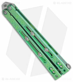 Heed Industries SeaKnight Butterfly Knife Antique Blue/Green Ti (4.6" Two-Tone) -Kershaw Sales Shop Heed Industries Sea Knight Premium Antique Green Blue TT BHQ 156372 jr side