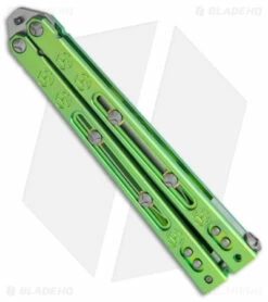 Heed Industries SeaKnight Balisong Butterfly Knife Green Titanium (4.6" Satin) -Kershaw Sales Shop Heed Industries Sea Knight Premium Antique Green Satin BHQ 147069 jr side