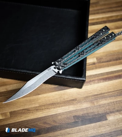 Hom Design Basilisk-R Balisong Butterfly Knife CF W/Teal Liners (4.6" Stonewash) 7 Hom Design Basilisk-R Balisong Butterfly Knife CF W/Teal Liners (4.6" Stonewash) - Image 7