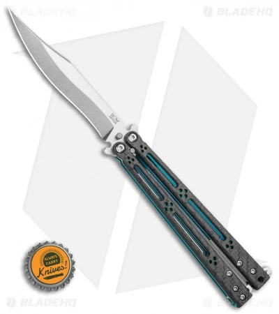 Hom Design Basilisk-R Balisong Butterfly Knife CF W/Teal Liners (4.6" Stonewash) 4 Hom Design Basilisk-R Balisong Butterfly Knife CF W/Teal Liners (4.6" Stonewash) - Image 4