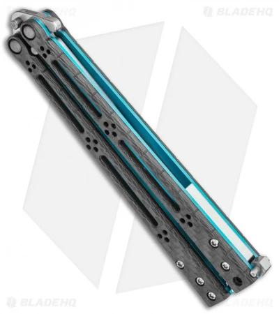 Hom Design Basilisk-R Balisong Butterfly Knife CF W/Teal Liners (4.6" Stonewash) 2 Hom Design Basilisk-R Balisong Butterfly Knife CF W/Teal Liners (4.6" Stonewash) - Image 2
