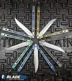 Hom Design Chimera Premium Balisong Knife Gold Ti/CF (4.75 Satin) -Kershaw Sales Shop Hom Design Chimera Premium Balisong Knife Satin Ti Blue G 10 4.75 Two Tone BHQ 100561 kp storm drain web 2