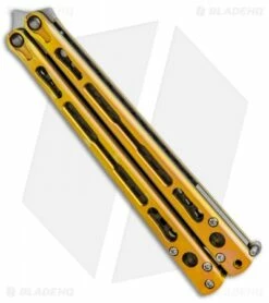 Hom Design Chimera Premium Balisong Knife Gold Ti/CF (4.75 Satin) -Kershaw Sales Shop Hom Designs Chimera Premium Butterfly Knife Gold Ano Satin BHQ 100558 jr side