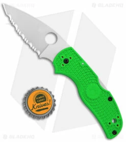 Spyderco Native 5 Salt Lockback Knife Green FRN (3" Satin LC200N Serr) C41SGR5 -Kershaw Sales Shop Spyderco Native 5 Salt LB Green FRN Satin Serr BHQ 145693 jr bottlecap