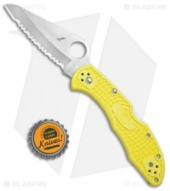 Spyderco Salt 2 Lockback Knife Yellow FRN (3" Satin Full Serr) C88SYL2 -Kershaw Sales Shop Spyderco Salt 2 LB Yellow FRN Serr C88SYL2 BHQ 71338 jr bottlecap