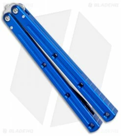 Squid Industries Krake Raken V2.5 Bowie Balisong Knife Blue (4.5" Satin) -Kershaw Sales Shop Squid Industries Krake Raken Bowie Balisong Blue Satin BHQ 115305 jr side