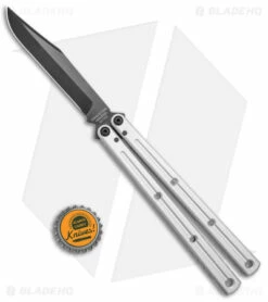 Squid Industries Krake Raken Bowie V2.5 Balisong Knife Matte Silver (4.5" Inked) -Kershaw Sales Shop Squid Industries Krake Raken V2.5 Balisong DP Matte Silver Black BHQ 141432 jr bottlecap